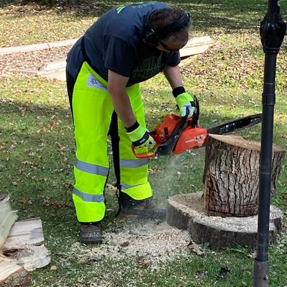 Chainsaw gloves showing the stopper patch on the back of the left hand